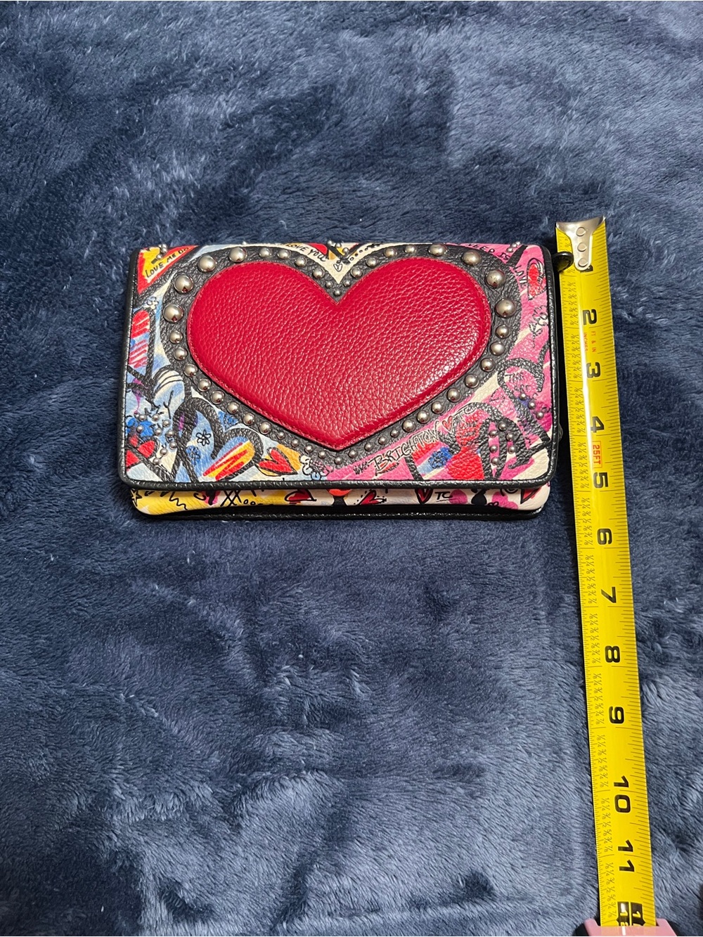 Brighton Red Heart Studded Fold Wallet wristlet with Multicolor Print